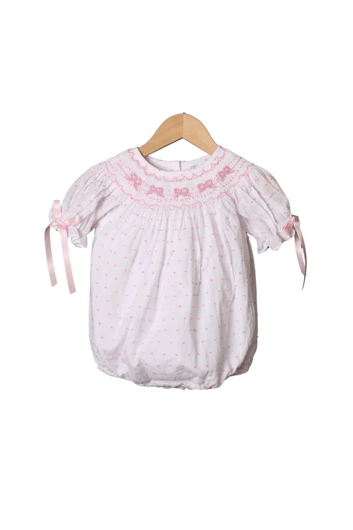 Smocked Classic Bow Pink Swiss Dot Bubble | The Smocked Flamingo