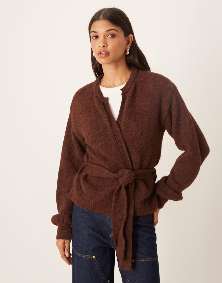 ASOS DESIGN knit oversized cardigan with tie waist with wool in brown | ASOS (Global)