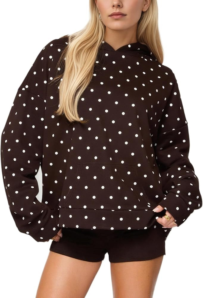 Women Polka Dot Hoodie Oversized Fleece Hooded Sweatshirt Long Sleeve Drop Shoulder Graphic Print... | Amazon (US)