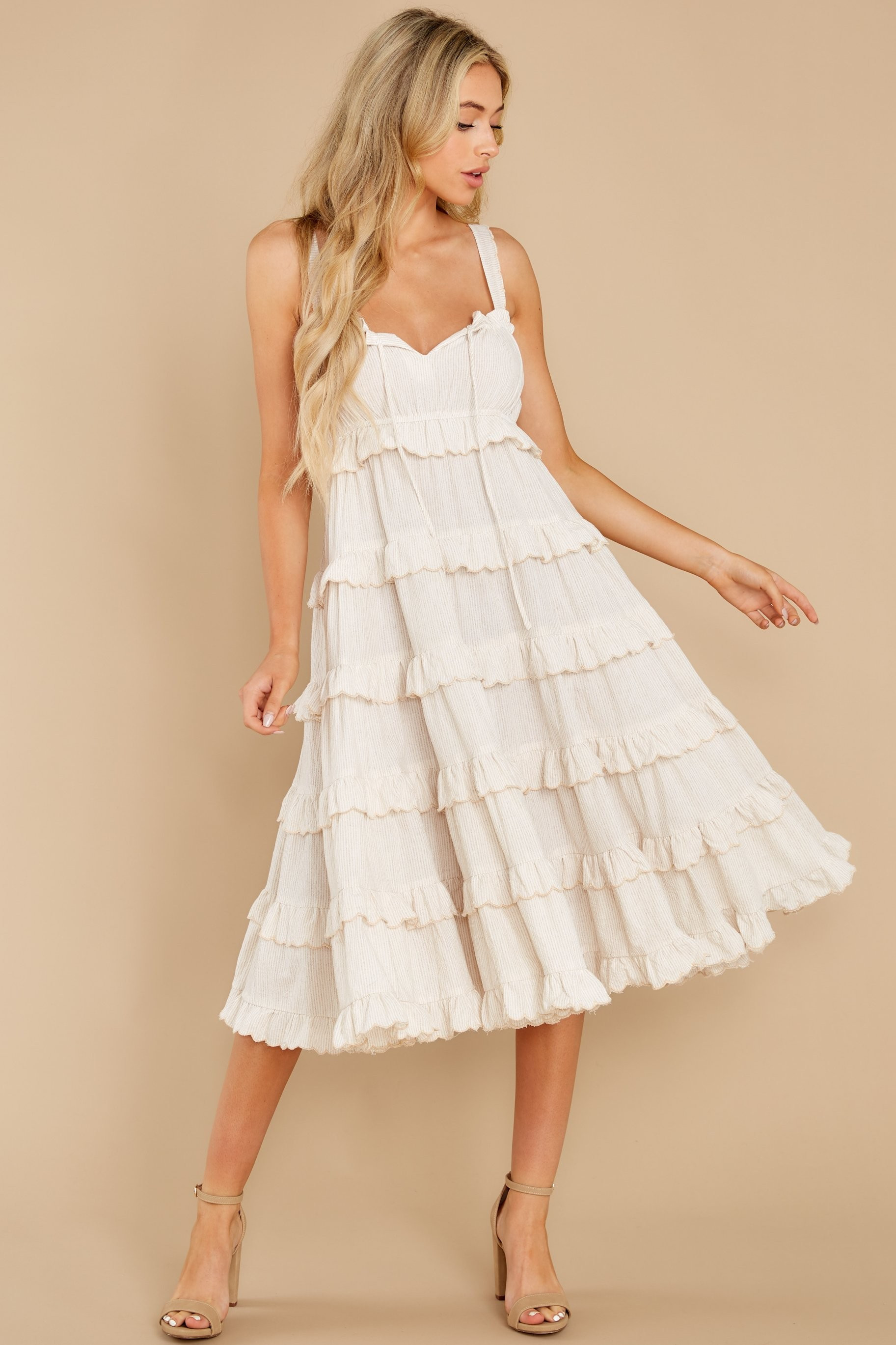 Regarding Promises Beige Stripe Midi Dress | Red Dress 