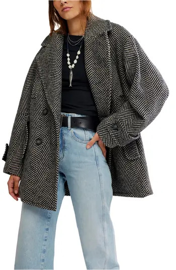 Free People Ari Herringbone Peacoat in Black at Nordstrom Rack, Size X-Small | Nordstrom Rack