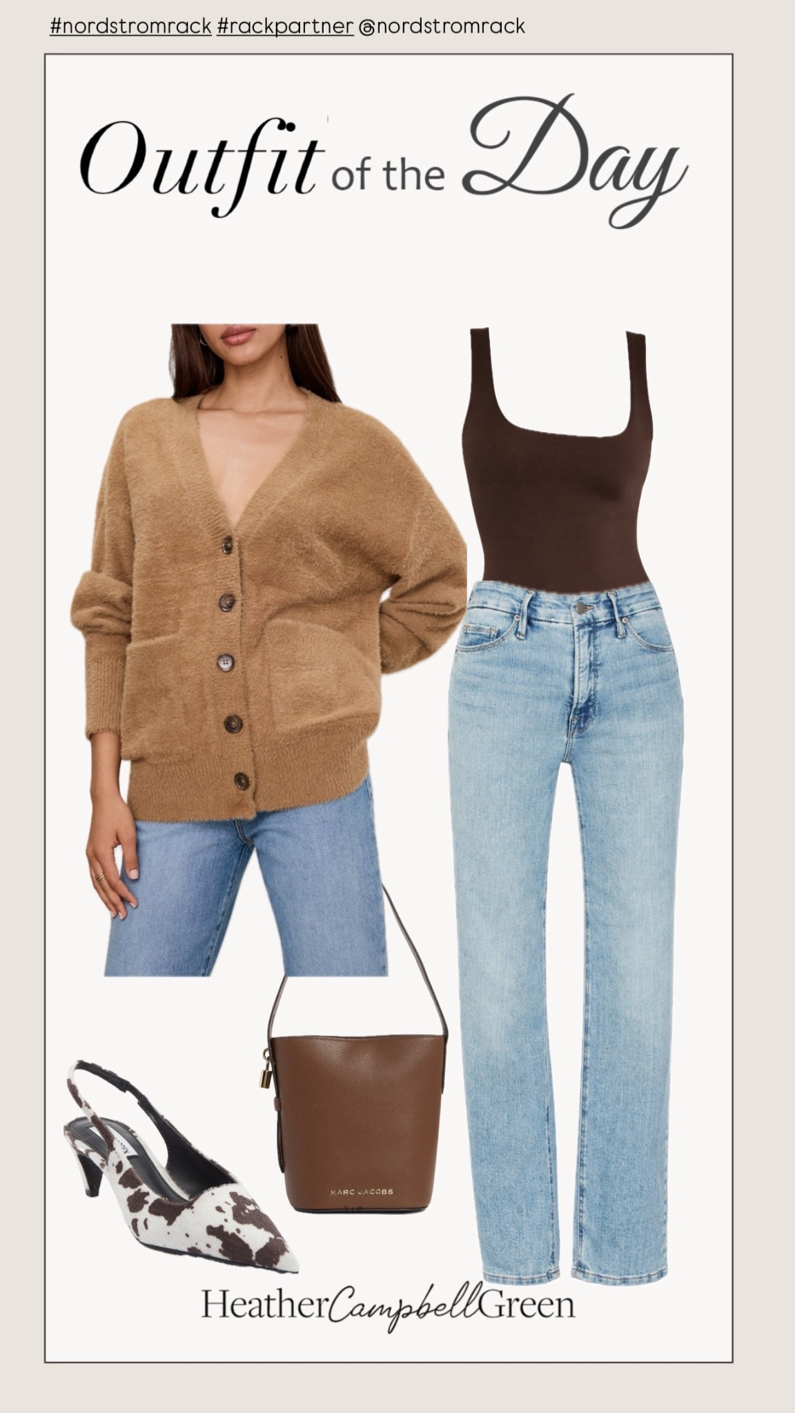 Elevated everyday staples from @NordstromRack. Classic straight leg jeans, a sculpting bodysuit, an oversized cozy cardigan, a season must have bucket bag, and animal print pumps that instantly elevate the look. Timeless neutrals with a subtle 2016 inspired edge you’ll wear on repeat. #NordstromRack #RackPartner
