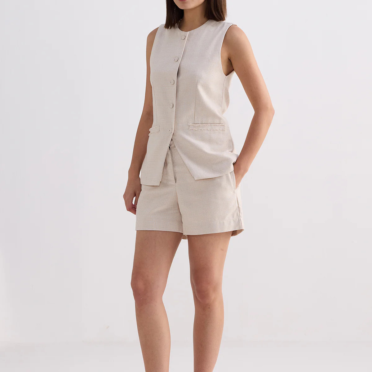 Cotton Tweed Vest Jacket Set in Cream | Reistor (US)