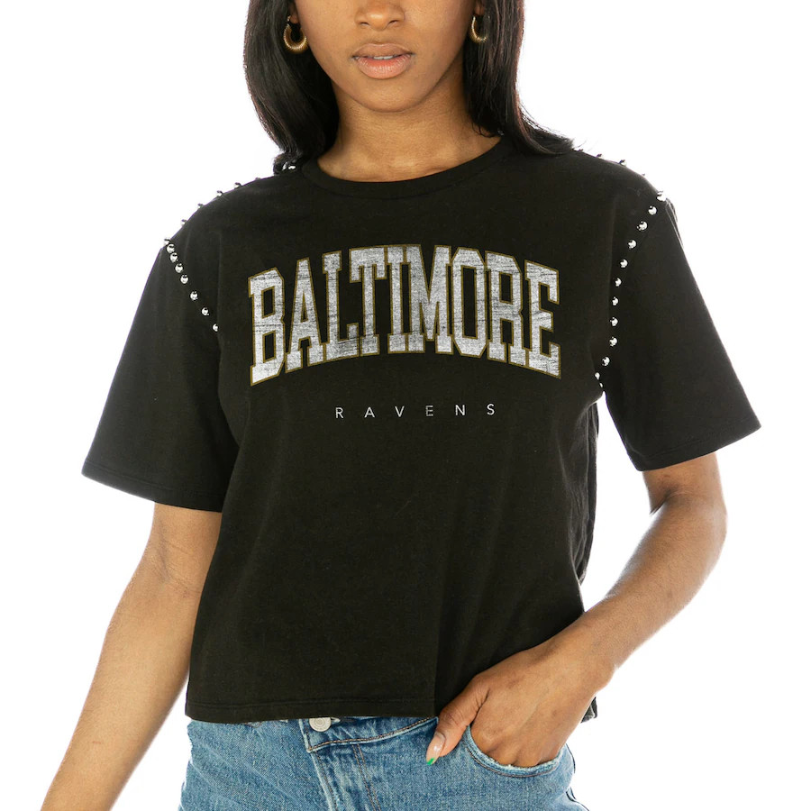 Baltimore Ravens Gameday Couture Women's Elite Elegance Studded Sleeve Cropped T-Shirt - Black | Fanatics
