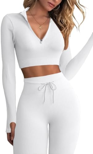 QINSEN Workout Sets for Women 2 Piece Seamless Long Sleeve Crop Tops Ribbed High Waist Leggings | Amazon (US)