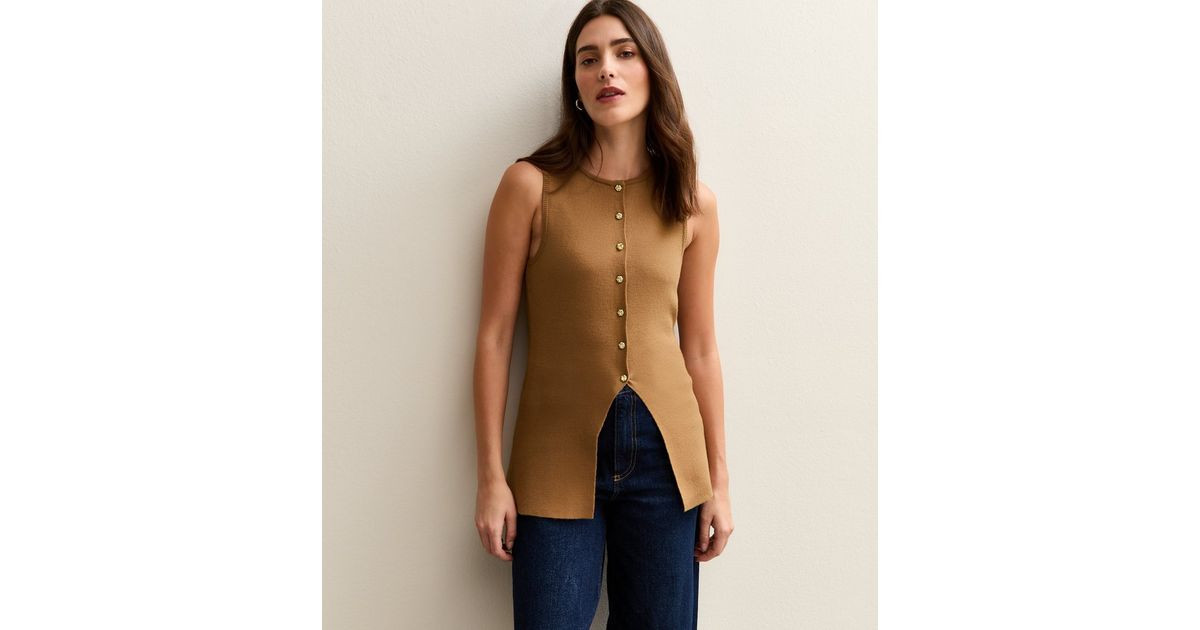 Camel Compact Knit Button Front Waistcoat | New Look | New Look (UK)