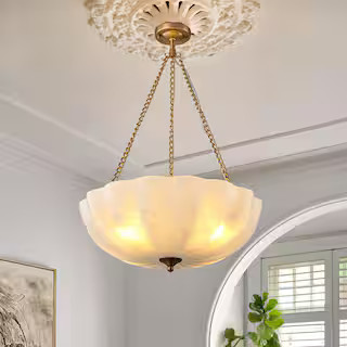 LLHZSY 20.87 in. 4-Light Brass and White Bowl Semi-Flush Mount Ceiling Light Chandelier with Glas... | The Home Depot