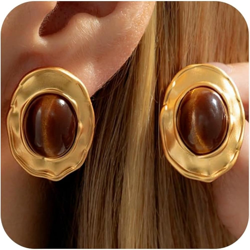 Exquisite Gold Chunky Brown Oval Crystal Earrings for Women Statement Vintage Round Hammered Plea... | Amazon (US)