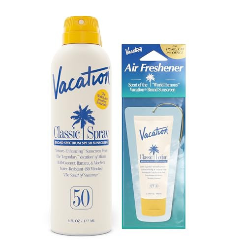 Vacation Classic SPF 50 Sunscreen Spray and Air Freshener Bundle, 6 Fluid Ounces - Broad Spectrum, Lightweight, Transparent on All Skin Tones, Water-Resistant, Vegan, Dermatologist-Tested | Amazon (US)