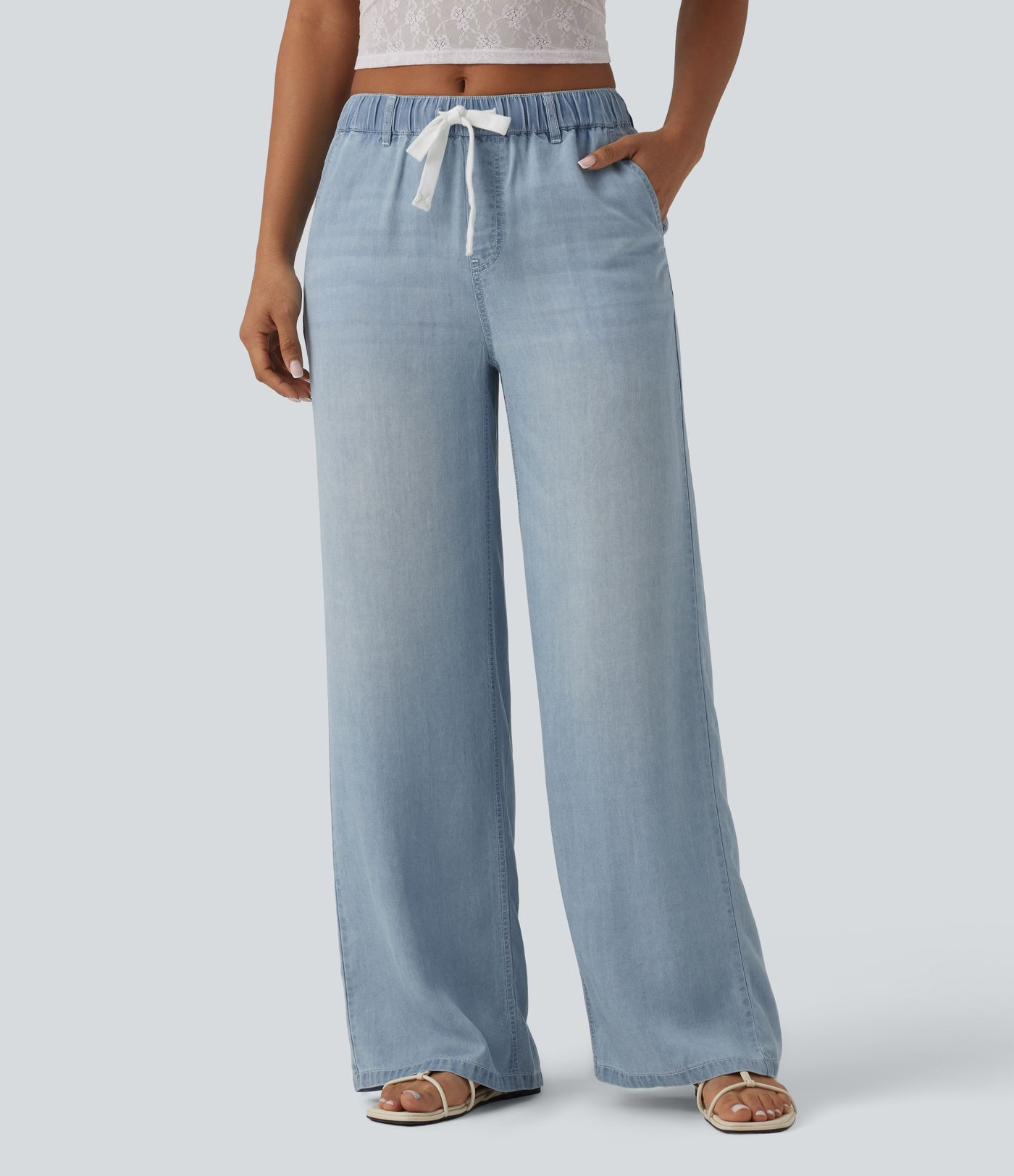 Women\u2019s Mid Rise Drawstring Casual Jeans with Pockets - Halara | HALARA