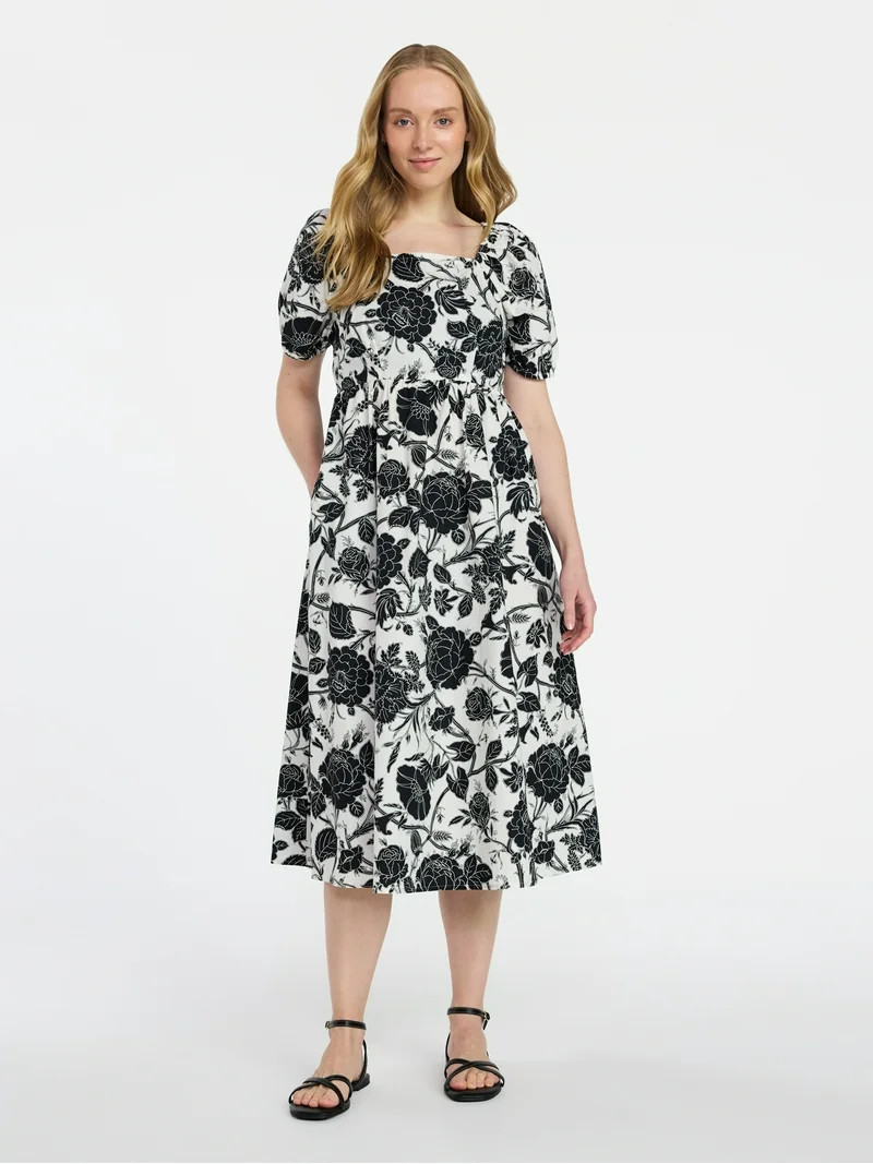 Time and Tru Women's Cotton Tie Back Midi Dress, Sizes XS-XXXL | Walmart (US)