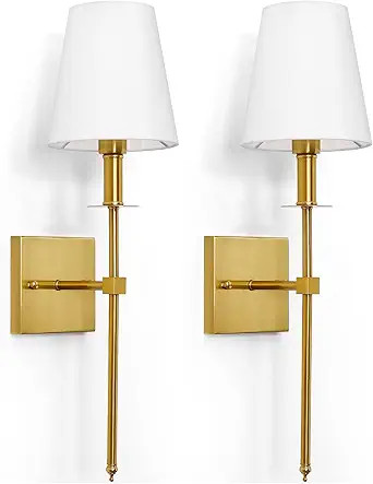 GRATESOLA Wall Sconces Set of 2 Classic Rustic Wall Lighting Gold Wall Lamps with White Fabric Sh... | Amazon (US)