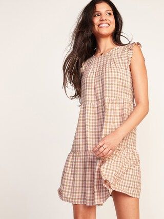 Tiered Linen-Blend Flutter-Sleeve Swing Dress | Old Navy (US)