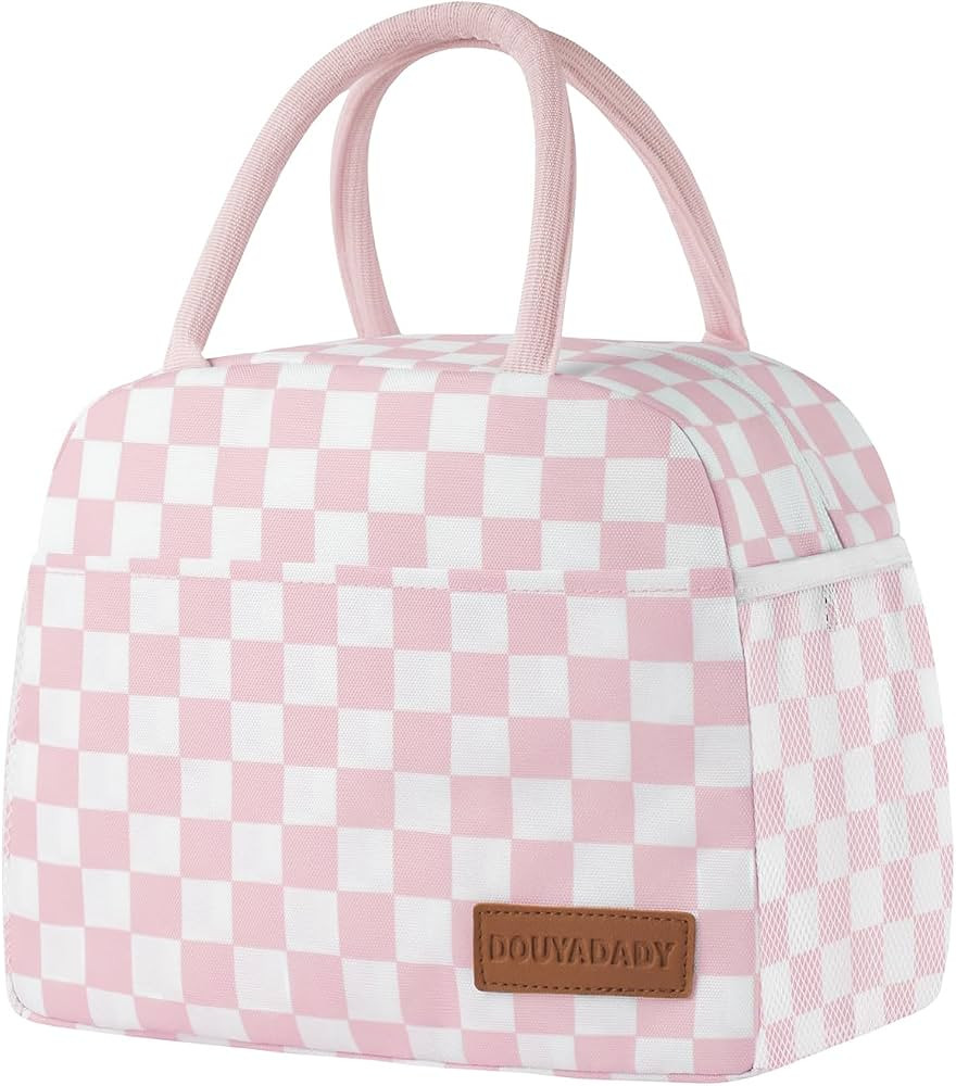 douyadady Lunch Bag Women/Men Lunch Box Women/Men (Pink+White Checkerboard) | Amazon (US)
