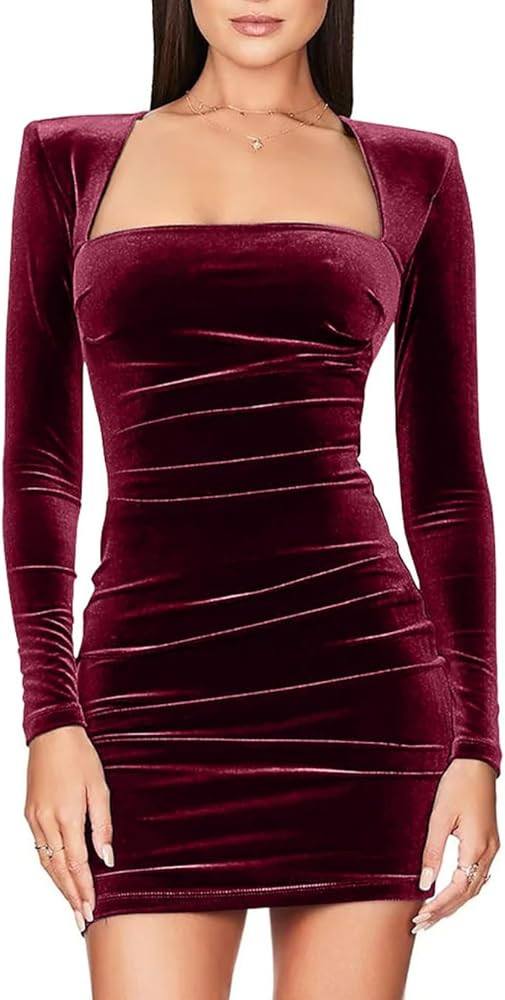GOBLES Women's Elegant Long Sleeve Square Neck Ruched Waist Velvet Bodycon Mini Party Dress | Amazon (US)