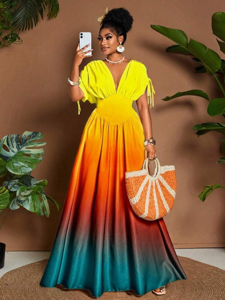 Breezaya Women Elegant Romantic Ombre Print Tie Bow V-Neck A-Line Maxi Dress, Versatile Design For Outings, Beach, Music Festivals, Wedding Guest Graduation Outfit Business Casual Boho Drawstring Bow Tie Elastic Waist Vacation Travel Spring/Summer/Autumn A-Line Maxi Dress | SHEIN