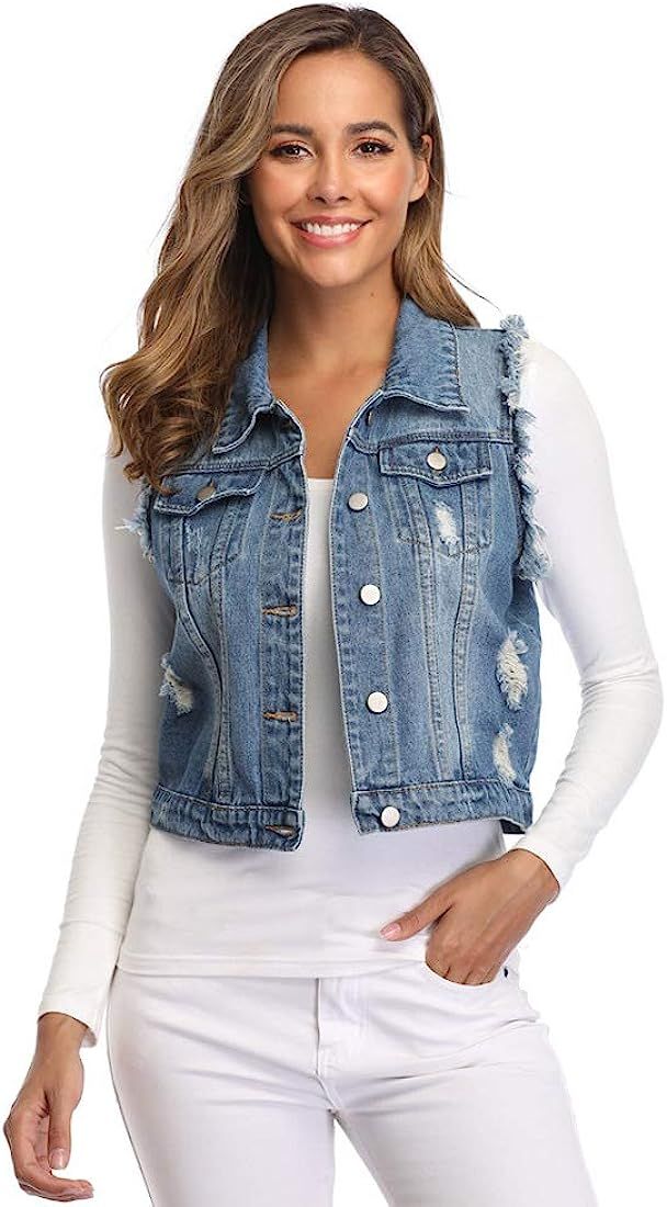 MISS MOLY Women Denim Vest Sleeveless Jean Vest with Chest Pockets | Amazon (US)