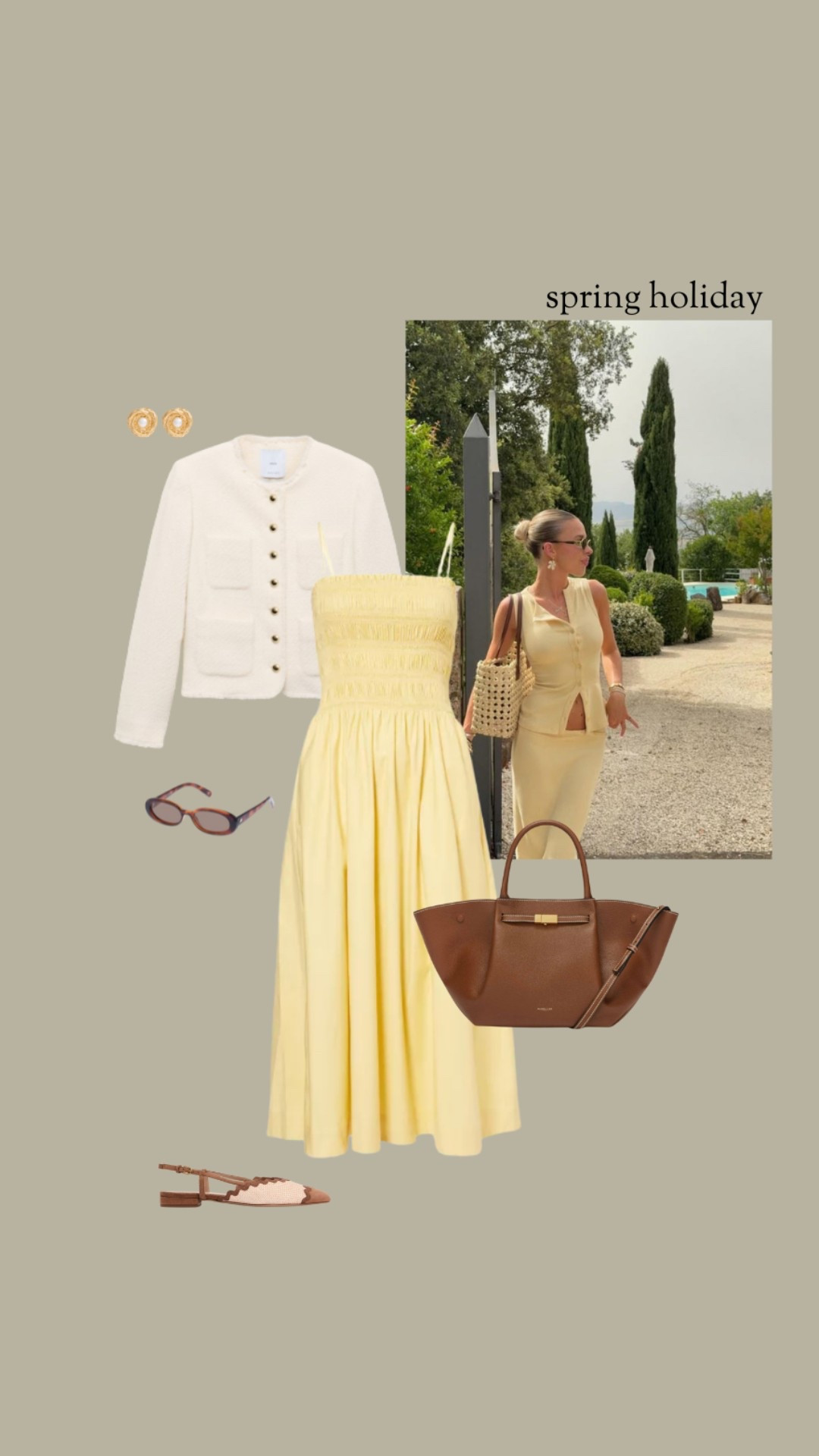 Spring holiday outfit idea: butter yellow dress, white jacket, tan bag, tan ballet flats 

#LTKspring #LTKsummer #LTKstyletip