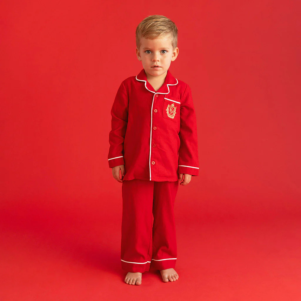 Solid Red Flannelette Embroidered Pajamas | Garnet Red | Posh Peanut
