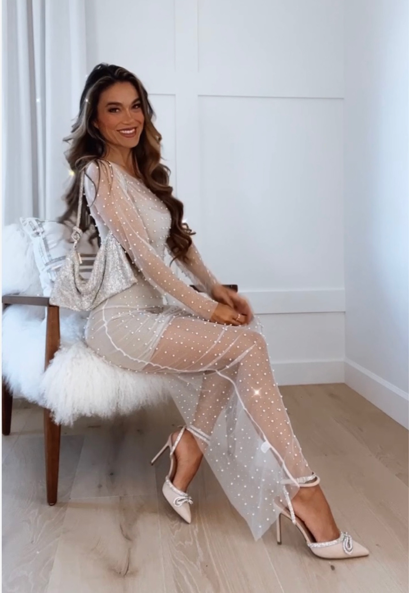 knee length dresses for ladies Mew Mews Fionnghuala High Neck Pearl Crystal Mesh Mini Dress main image 1