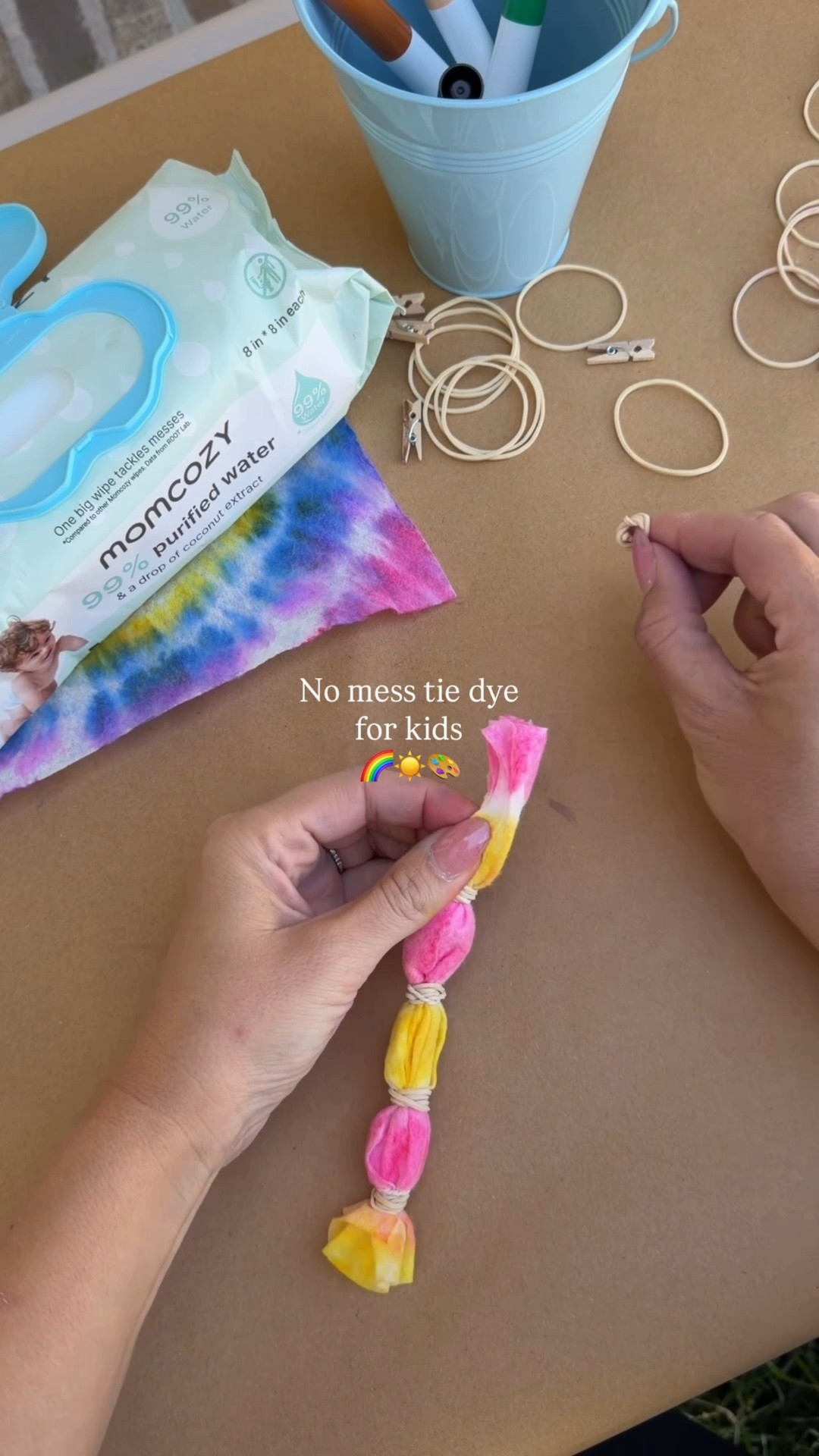 Here’s a fun way to tie-dye! All you do is take water wipes, and tie them with rubber bands like you would tie-dye. Then you use washable markers to color them in. Remove the rubber bands and let them sit in the sun to dry! Once they’re dry, they feel like fabric and you can use them for different crafts! We made bracelets, necklaces, and change purses! ￼

#craftymom

#LTKmomlife #LTKKids #LTKBaby