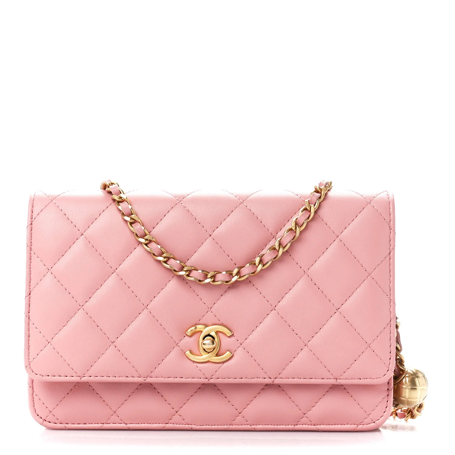 Lambskin Quilted CC Pearl Crush Wallet on Chain WOC Pink | FASHIONPHILE (US)