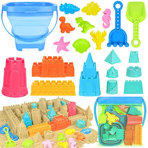 Collapsible Beach Toys for Kids Toddlers, Collapsible Sand Bucket and Shovels Set with Mesh Bag,Travel Sand Castle Building Kit, Sandbox Toys, Foldable Beach Essentials for Toddlers Kids Age 3-10 ﻿ | Amazon (US)