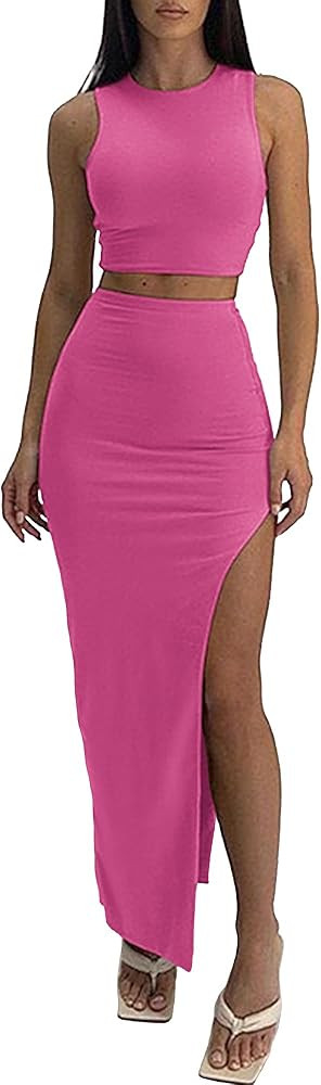 ELLEVEN Sexy 2 Piece Maxi Skirt Sets for Women - Knit Bodycon Crop Tank Top and High Slit Skirt D... | Amazon (US)