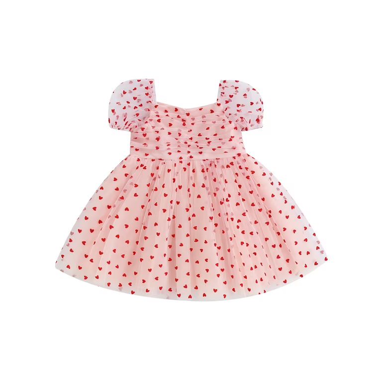 Qtinghua Toddler Baby Girl Valentine’s Day Dress Short Puff Sleeve Heart Print Tulle Dress Prin... | Walmart (US)
