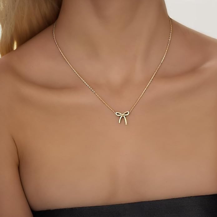 Stylish Bow Necklace – Gold Plated Dainty Necklace, Trendy Bow Pendant Choker Chain Necklace, I... | Amazon (US)