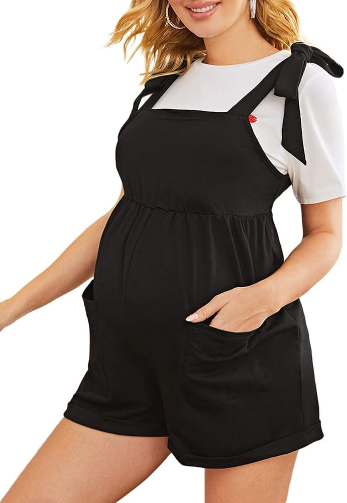 MakeMeChic Women's Tie Shoulder Pocket Front Maternity Cami Romper | Amazon (US)