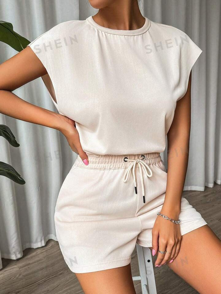 SHEIN EZwear Casual Fit Backless Drawstring Waist Batwing Sleeve One Piece Jumpsuit For Summer | SHEIN