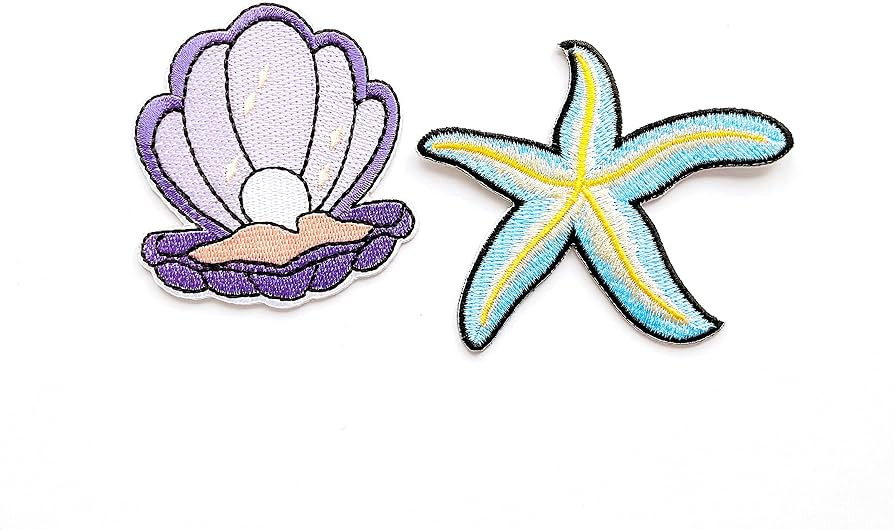 PL Set of 2 pcs. Pearl Seashell Starfish Patches sea Creatures Cute Cartoon Sew Iron on Embroidered Applique Badge Sign Patches Clothing Costume | Amazon (US)