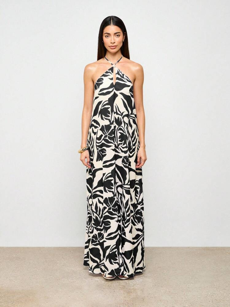 AiiRZ Elegant Halter Neck Maxi Summer Wedding Guest Dress Palm Leaf Print Resort Evening Floor Length Flowy Backless Occasion Dress | SHEIN