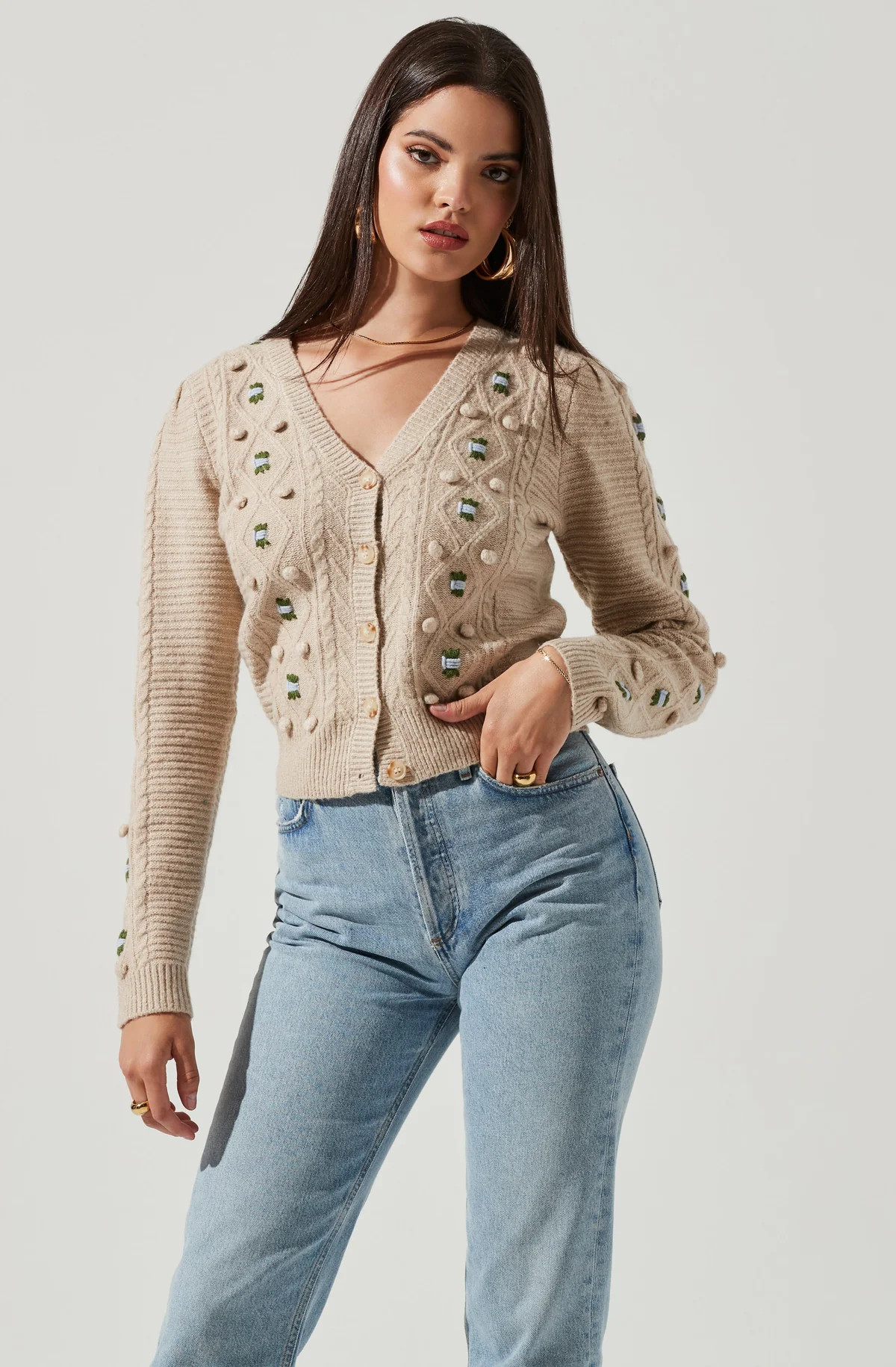 Floral Embroidered Cable Knit Cardigan | ASTR The Label (US)