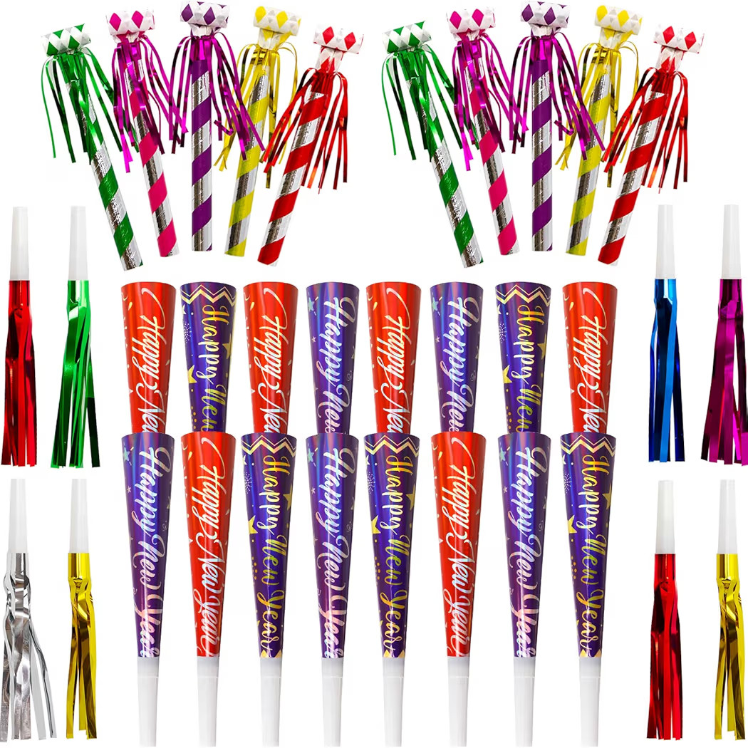 Fancy Land 50 Pack Happy New Year Noise Makers Horns Tassel Squawkers 2026 Colorful Party Noisema... | Amazon (US)