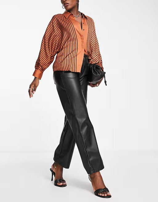 Mango retro stripe button satin front blouse in rust | ASOS (Global)