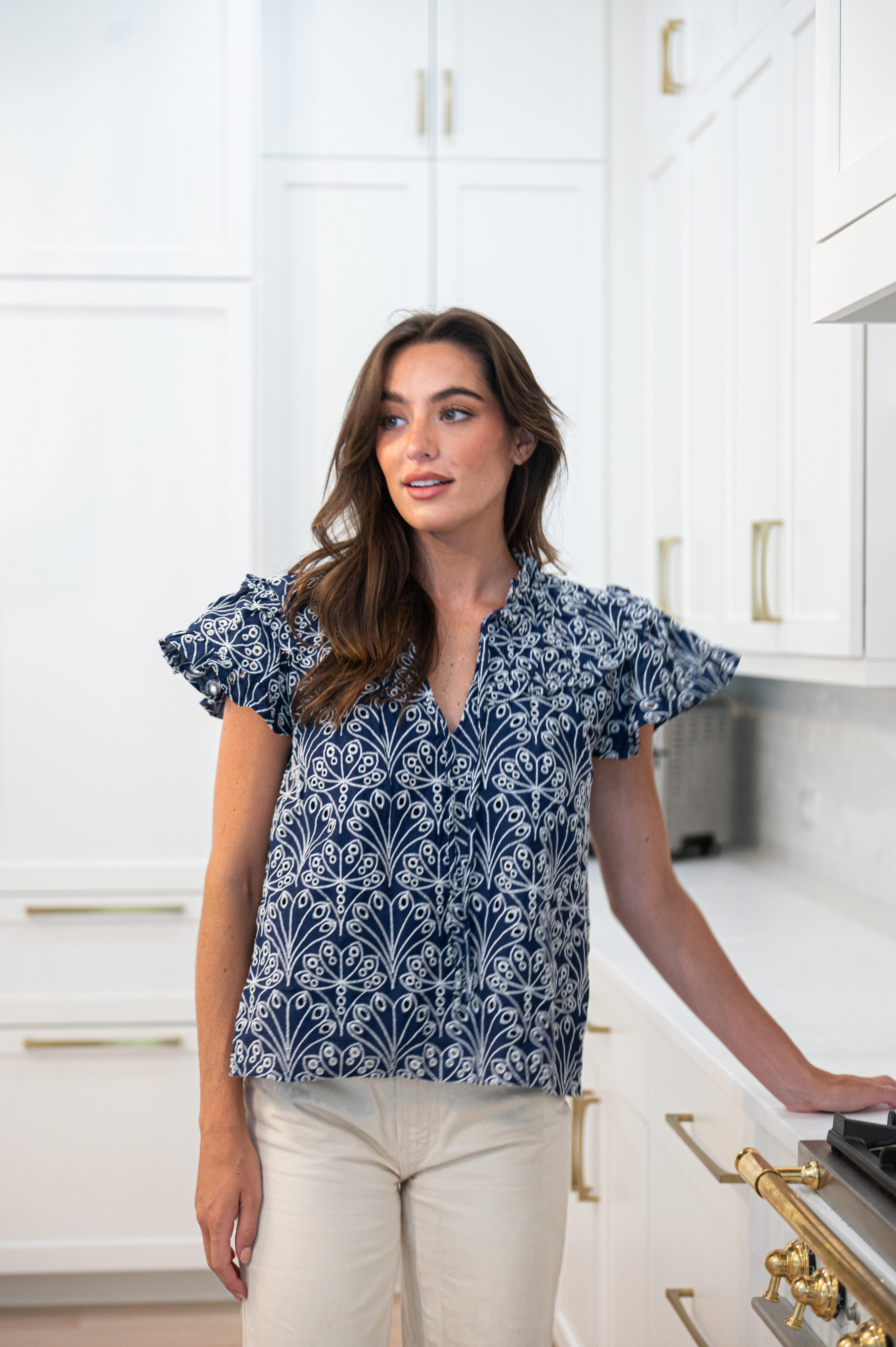 Navy Shell Eyelet Flutter Sleeve Top | Sail to Sable