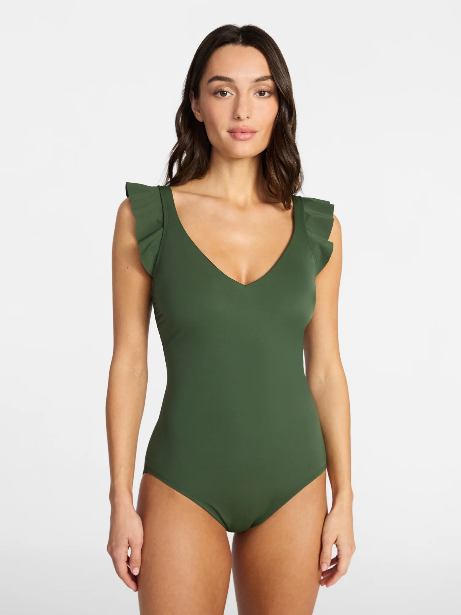 Time and Tru Women's and Women's Plus Size Ruffle Strap One Piece Swimsuit, Sizes XS-3X | Walmart (US)