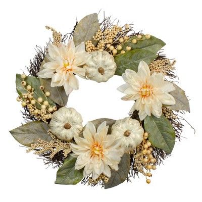 Northlight Dahlia and Pumpkin Fall Artificial Floral Wreath, 22-Inch | Target