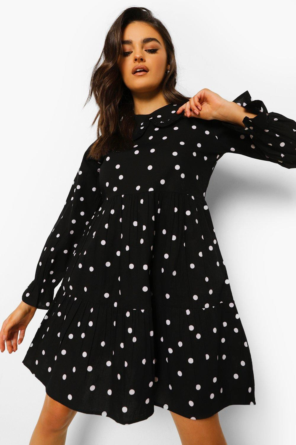 Cotton Spot Print Peter Pan Collar Smock Dress | Boohoo.com (UK & IE)