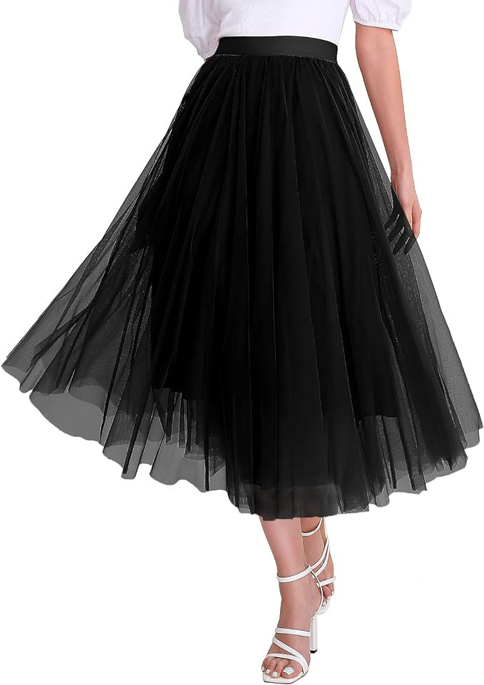 Women’s Tulle Skirts Midi Elastic High Waist Pleated Mesh Flowy A-Line Party Long Tutu Skirts... | Amazon (US)
