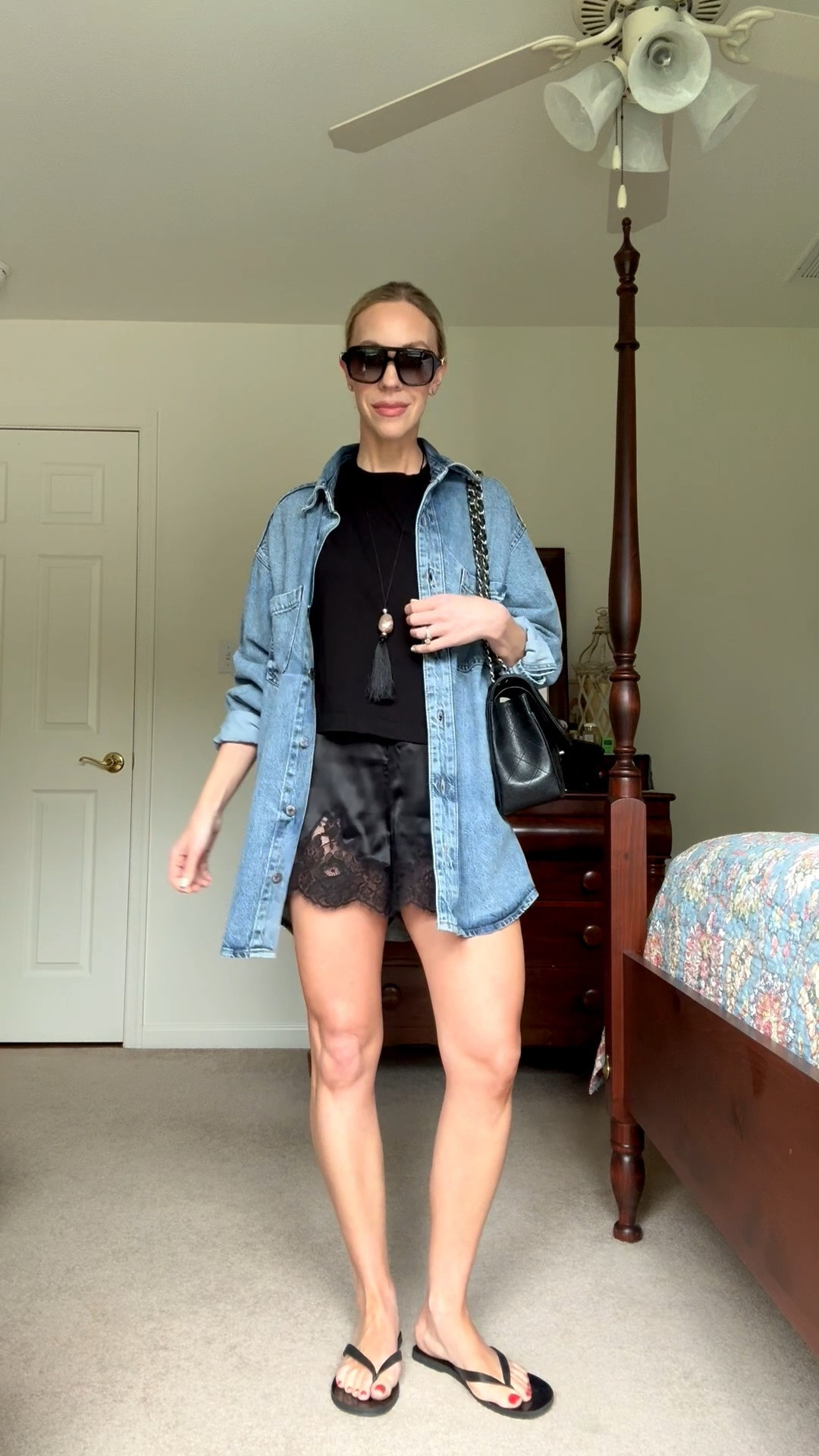 Styling lace shorts over 40 with oversized denim shirt, cropped tee and leather thong sandals @Madewell

#LTKSeasonal #LTKOver40 #LTKSaleAlert