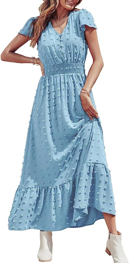 PRETTYGARDEN Womens Dresses 2023 Boho Dress Short Sleeve V Neck Swiss Dot Ruffle Tiered Maxi Dress S | Amazon (US)