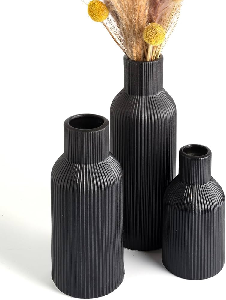 Black Ceramic Vases Set of 3,Farmhouse Decor, Home Decor, Pampas Grass Vases for Kitchen, Bedroom... | Amazon (US)