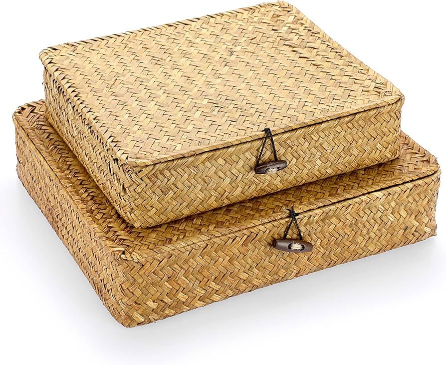 Hipiwe Set of 2 Flat Woven Wicker Storage Bins with Lid Natural Seagrass Basket Boxes Multipurpos... | Amazon (US)