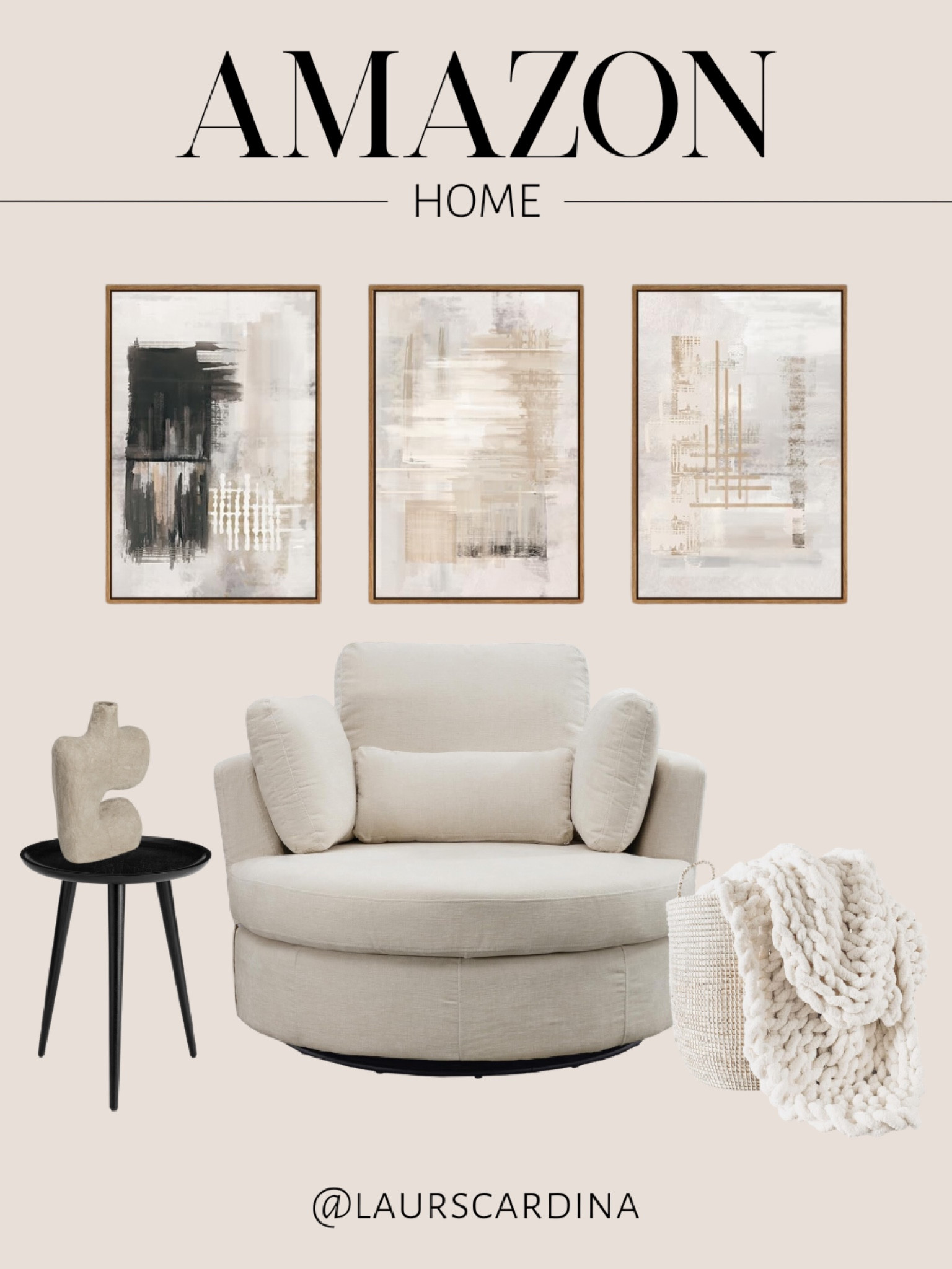 Amazon home finds include a set of three framed wall art, a side table, a paper mache vase, a swivel barrel chair, and a chunky knit blanket.

Amazon home, affordable home decor, neutral home decor

#LTKFindsUnder50 #LTKStyleTip #LTKHome