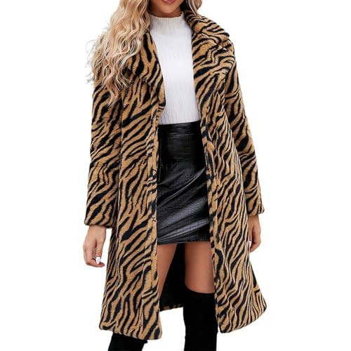 ZHOUYF Women Faux Fur Winter Coats Warm Chunky Long Cardigan Jackets Zebra Print Thick Overcoat Fleece Furry Shaggy Outerwear Brown | Amazon (US)