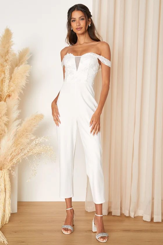 Lovely Glamour White Embroidered Off-The-Shoulder Jumpsuit | Lulus (US)