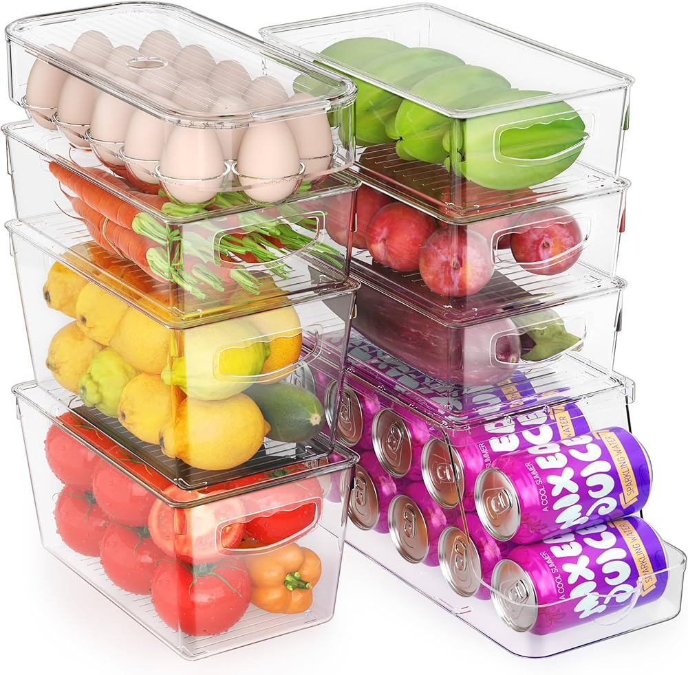 Refrigerator Organizer Bins-8 Pack Fridge Organizers and Storage Clear with Lids Stackable Storag... | Amazon (US)